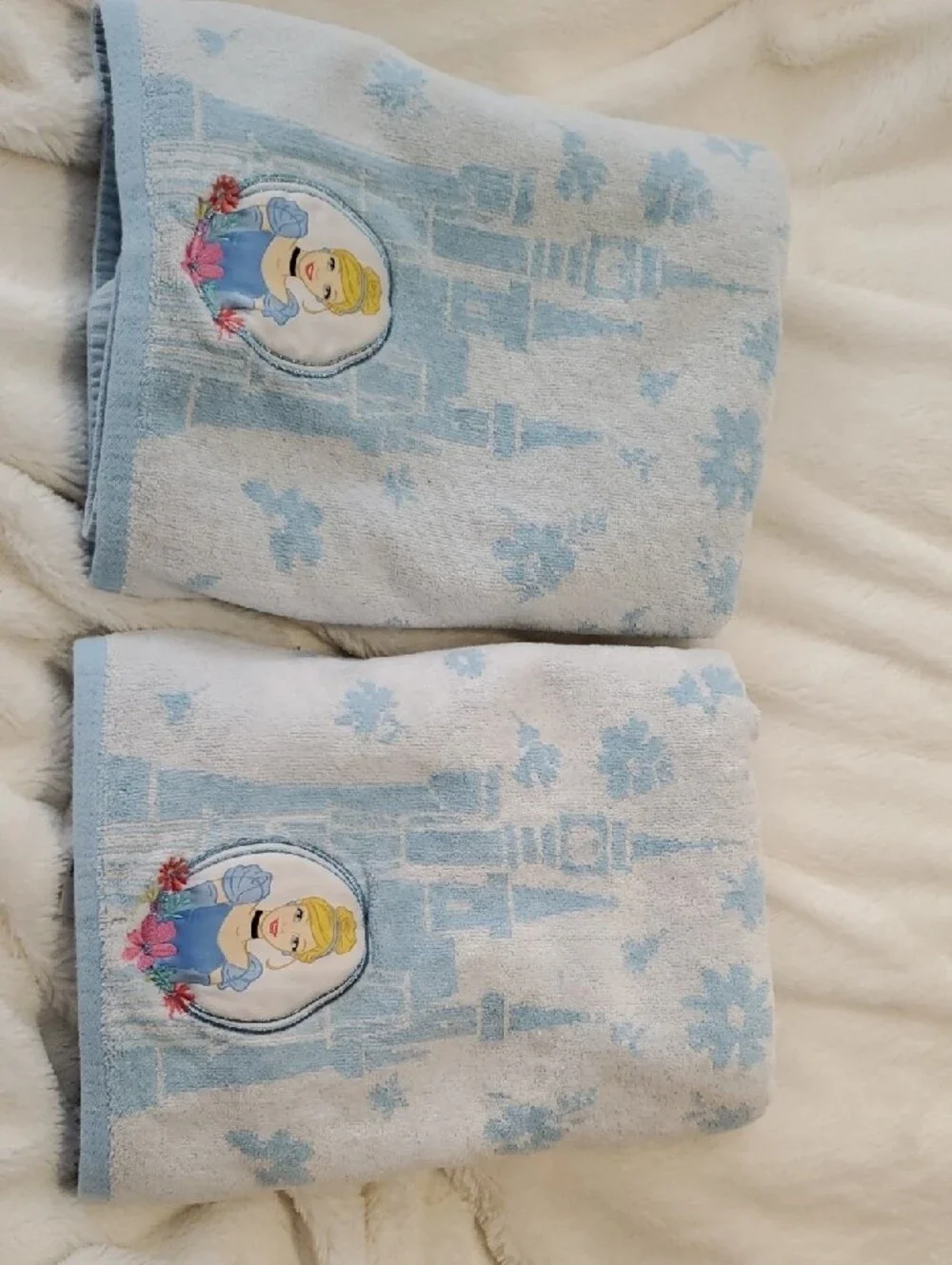 2 Cinderella Light Blue Kids Towels - Princess Castle Design